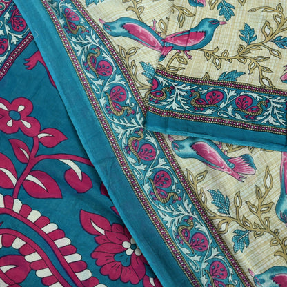 Indian Vintage Sari Blue & Beige Printed 100% Pure Cotton Sarees Craft Fabric 5Yd Sewing Soft Sarong Wrap Floral Dress Making Shrug Quilting