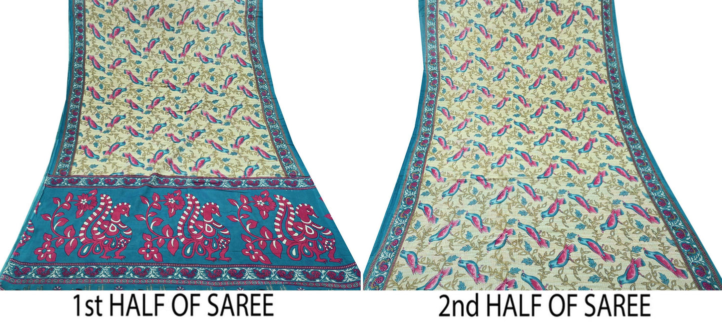 Indian Vintage Sari Blue & Beige Printed 100% Pure Cotton Sarees Craft Fabric 5Yd Sewing Soft Sarong Wrap Floral Dress Making Shrug Quilting