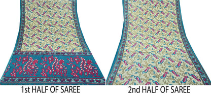Indian Vintage Sari Blue & Beige Printed 100% Pure Cotton Sarees Craft Fabric 5Yd Sewing Soft Sarong Wrap Floral Dress Making Shrug Quilting