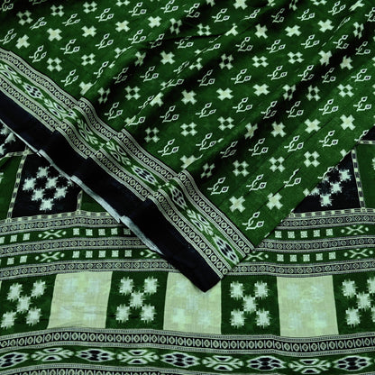 Indian Vintage Green Saree Printed Pure Cotton Sari Craft Fabric 5Yd Soft Sewing Sarong Wrap Boho Floral Upcycle Quilting For Crafting