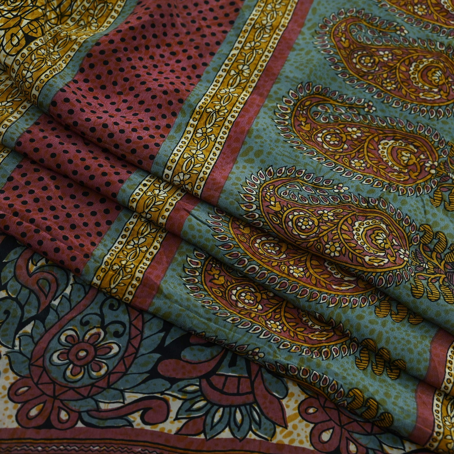 Indian Vintage Sari Mustard & Black Pure Crepe Silk Printed Sarees 5yd Sewing Soft Craft Fabric Floral Wrap Quilting Dress Making Crafting