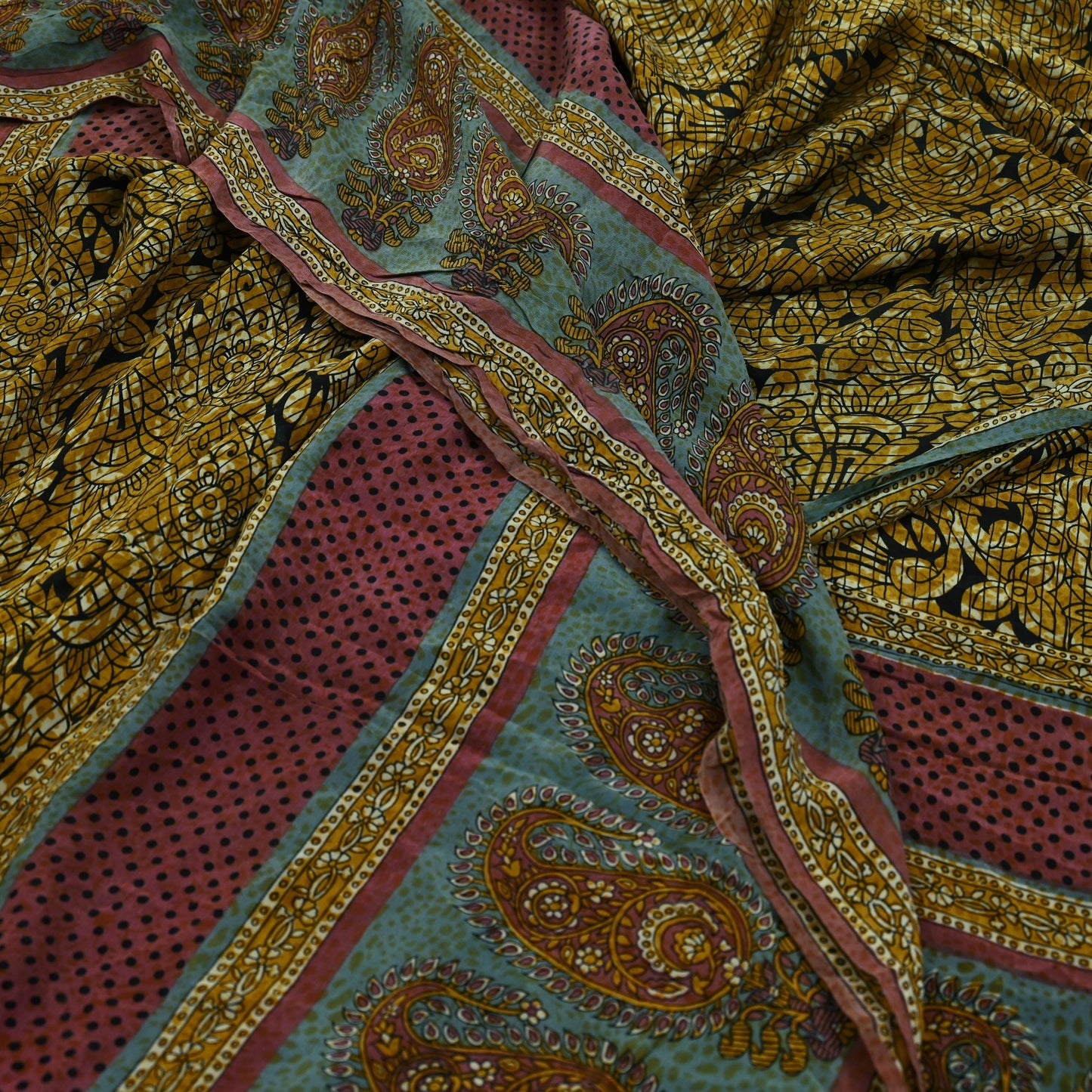 Indian Vintage Sari Mustard & Black Pure Crepe Silk Printed Sarees 5yd Sewing Soft Craft Fabric Floral Wrap Quilting Dress Making Crafting