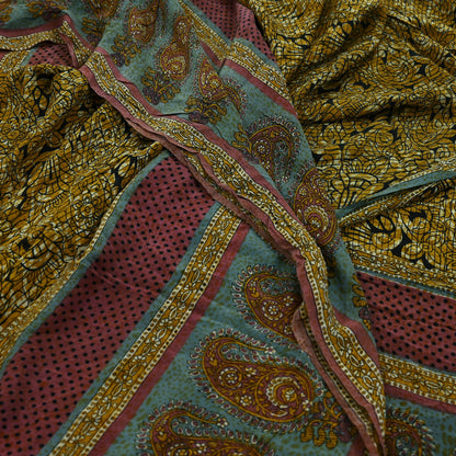 Indian Vintage Sari Mustard & Black Pure Crepe Silk Printed Sarees 5yd Sewing Soft Craft Fabric Floral Wrap Quilting Dress Making Crafting