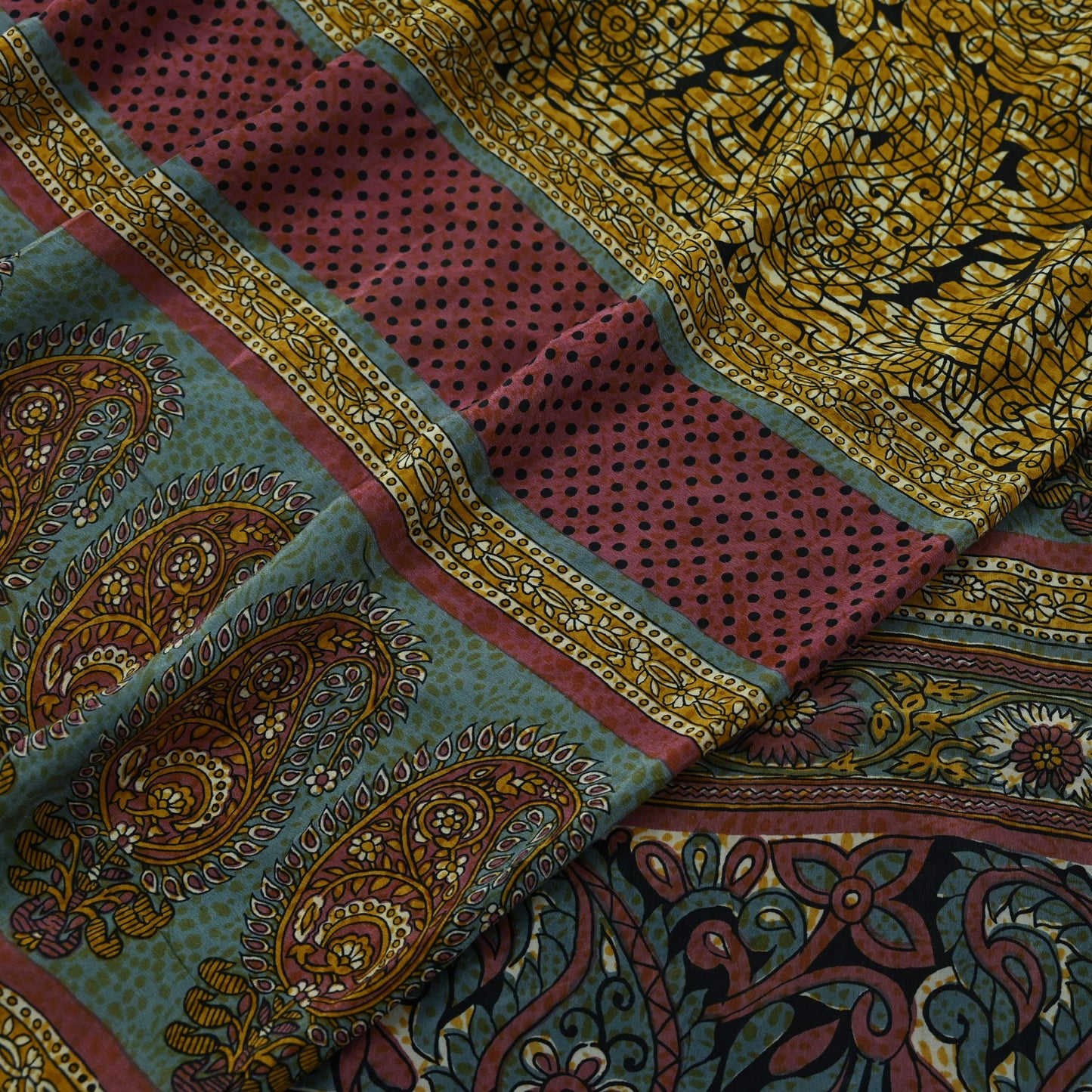 Indian Vintage Sari Mustard & Black Pure Crepe Silk Printed Sarees 5yd Sewing Soft Craft Fabric Floral Wrap Quilting Dress Making Crafting