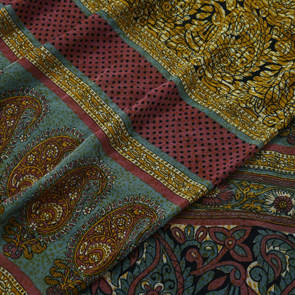Indian Vintage Sari Mustard & Black Pure Crepe Silk Printed Sarees 5yd Sewing Soft Craft Fabric Floral Wrap Quilting Dress Making Crafting