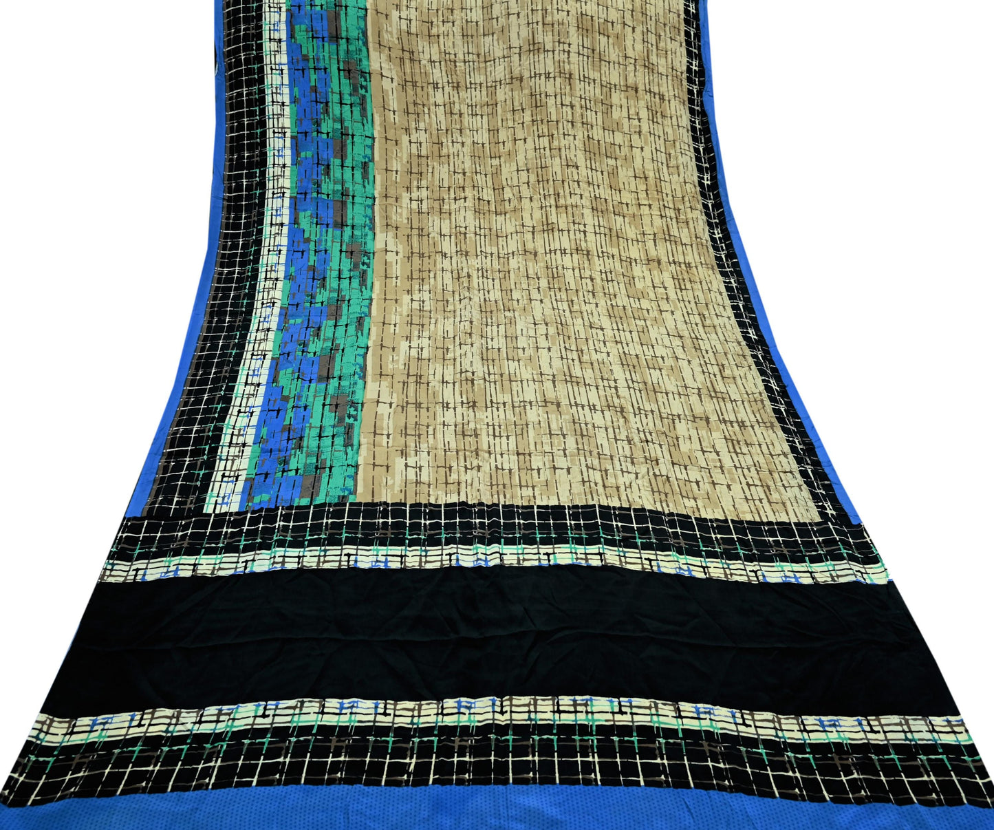 Indian Vintage Beige & Black Saree Pure Crepe Silk Printed Sari Craft Fabric 5yd Sewing Abstract Soft Wrap Dress making Crafting Quilting
