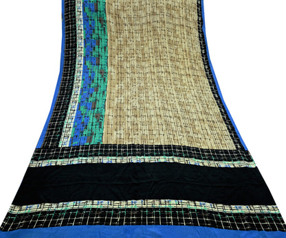Indian Vintage Beige & Black Saree Pure Crepe Silk Printed Sari Craft Fabric 5yd Sewing Abstract Soft Wrap Dress making Crafting Quilting