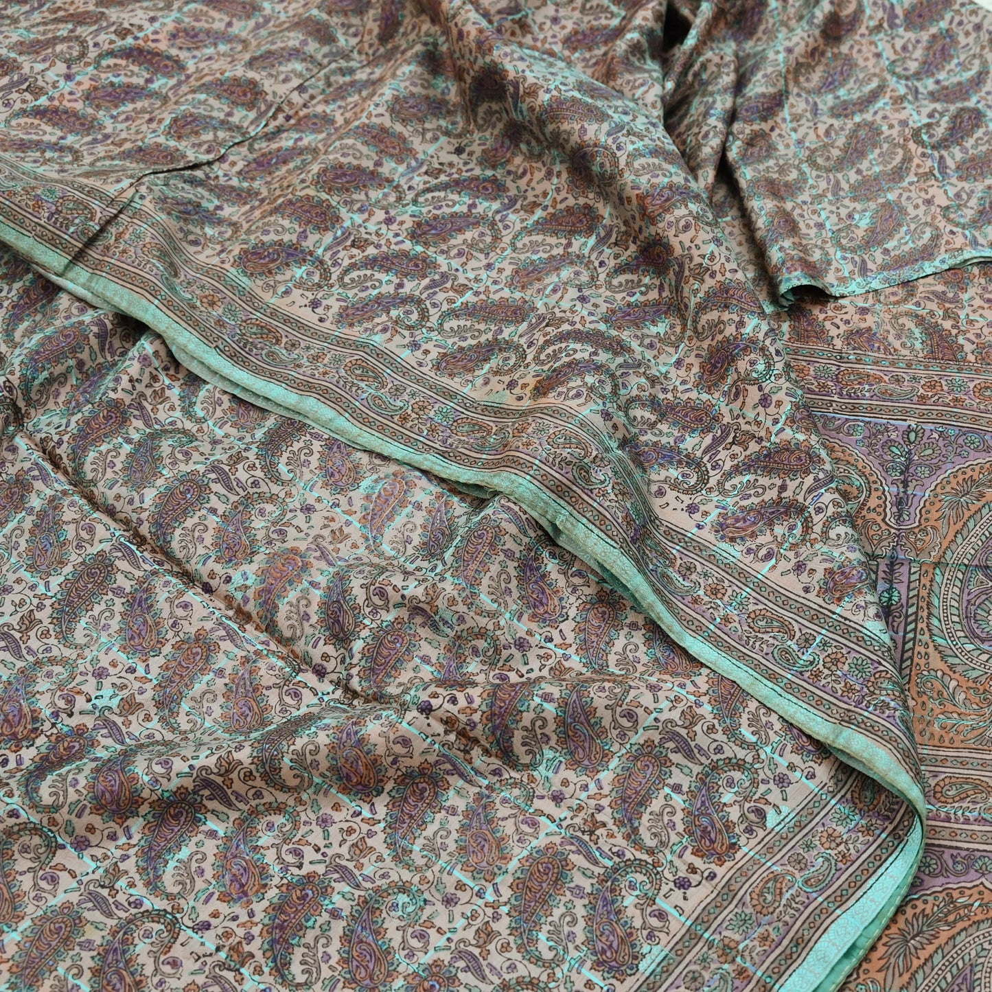 Indian Vintage Peach & Green Saree Pure Silk Printed Sari Craft Fabric 6yd Sewing Floral Soft Dress Designing for Crafting Quilting Upcycle