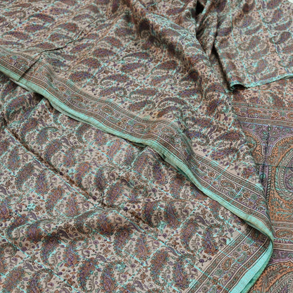 Indian Vintage Peach & Green Saree Pure Silk Printed Sari Craft Fabric 6yd Sewing Floral Soft Dress Designing for Crafting Quilting Upcycle