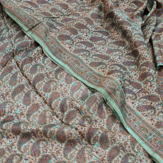 Indian Vintage Peach & Green Saree Pure Silk Printed Sari Craft Fabric 6yd Sewing Floral Soft Dress Designing for Crafting Quilting Upcycle