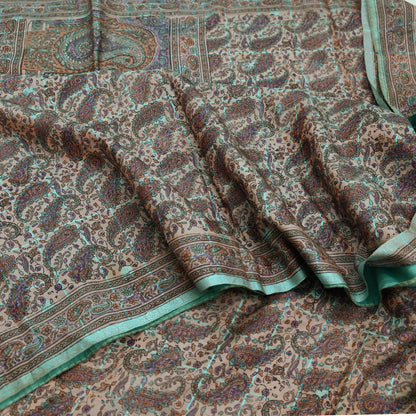 Indian Vintage Peach & Green Saree Pure Silk Printed Sari Craft Fabric 6yd Sewing Floral Soft Dress Designing for Crafting Quilting Upcycle