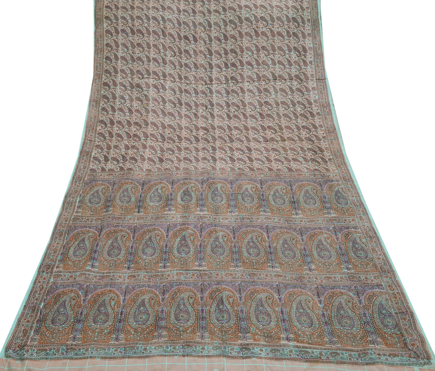Indian Vintage Peach & Green Saree Pure Silk Printed Sari Craft Fabric 6yd Sewing Floral Soft Dress Designing for Crafting Quilting Upcycle