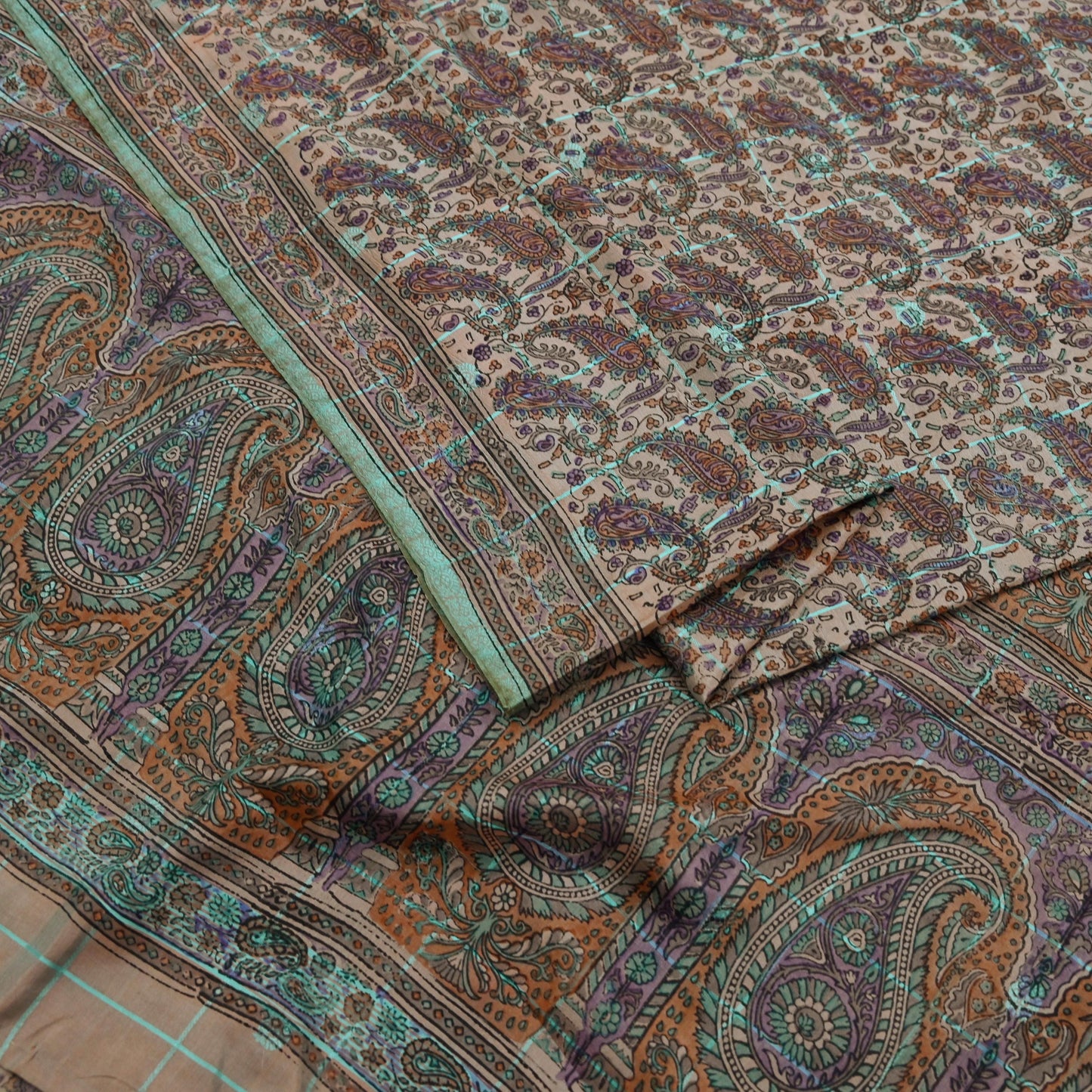 Indian Vintage Peach & Green Saree Pure Silk Printed Sari Craft Fabric 6yd Sewing Floral Soft Dress Designing for Crafting Quilting Upcycle