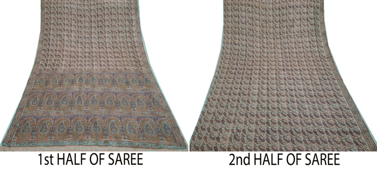 Indian Vintage Peach & Green Saree Pure Silk Printed Sari Craft Fabric 6yd Sewing Floral Soft Dress Designing for Crafting Quilting Upcycle