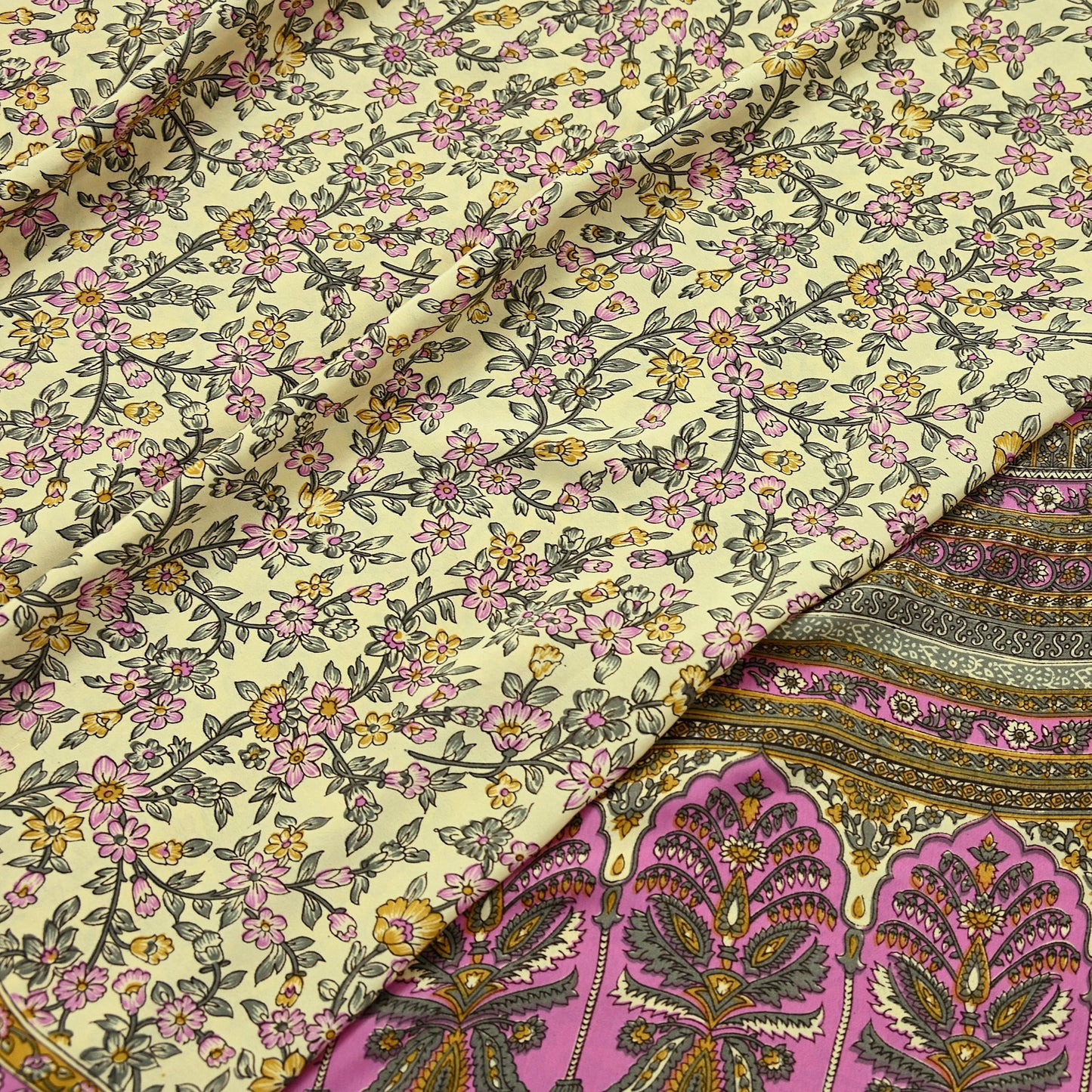 Indian Vintage Sari Ivory & Pink Moss Crepe Printed Sarees 5yd Craft Fabric Sewing Floral Soft Dress making Quilting Crafting Upcycle Used