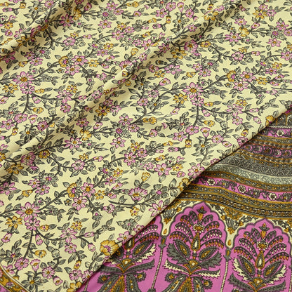 Indian Vintage Sari Ivory & Pink Moss Crepe Printed Sarees 5yd Craft Fabric Sewing Floral Soft Dress making Quilting Crafting Upcycle Used