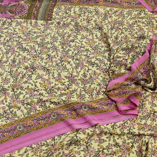 Indian Vintage Sari Ivory & Pink Moss Crepe Printed Sarees 5yd Craft Fabric Sewing Floral Soft Dress making Quilting Crafting Upcycle Used