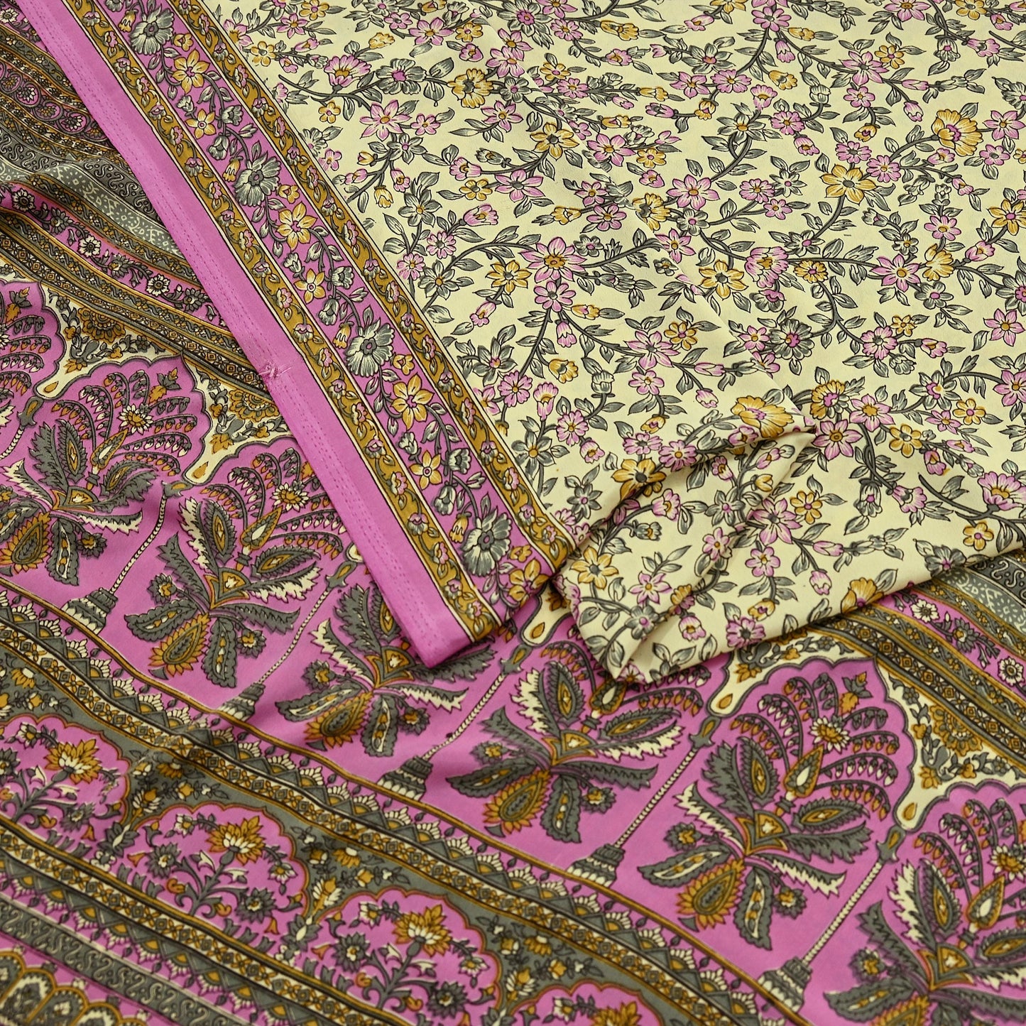 Indian Vintage Sari Ivory & Pink Moss Crepe Printed Sarees 5yd Craft Fabric Sewing Floral Soft Dress making Quilting Crafting Upcycle Used