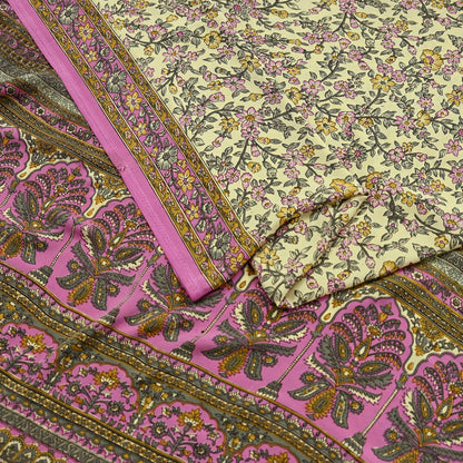 Indian Vintage Sari Ivory & Pink Moss Crepe Printed Sarees 5yd Craft Fabric Sewing Floral Soft Dress making Quilting Crafting Upcycle Used