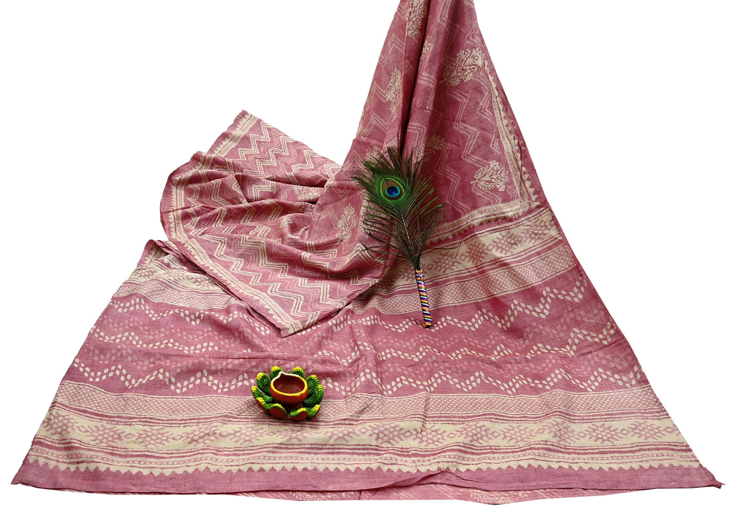 Indian Vintage Pink & Beige Saree Pure Khadi Silk Handloom Printed Indian Sari Fabric 5yard Ethnic Wear Sari Floral