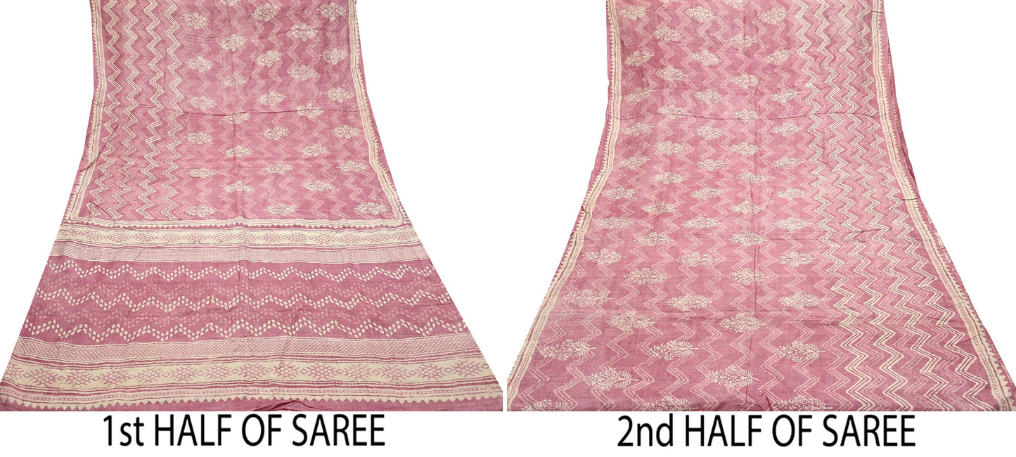 Indian Vintage Pink & Beige Saree Pure Khadi Silk Handloom Printed Indian Sari Fabric 5yard Ethnic Wear Sari Floral