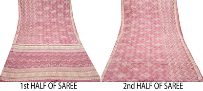 Indian Vintage Pink & Beige Saree Pure Khadi Silk Handloom Printed Indian Sari Fabric 5yard Ethnic Wear Sari Floral