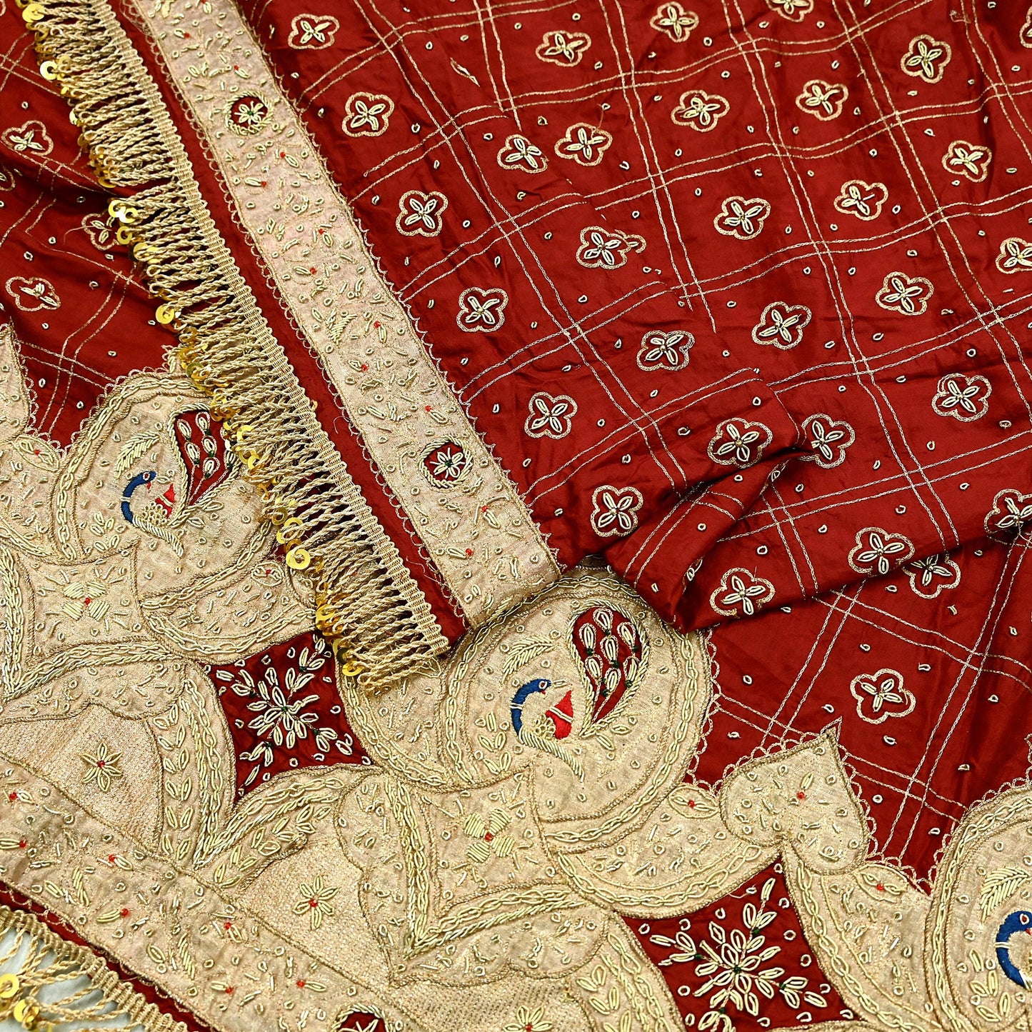 Indian Vintage Heavy Bridal Dupatta maroon Pure Silk Long Stole Hand Embroidered Hijab Scarf Zardozi Peacock Wedding Dupatta Fringes