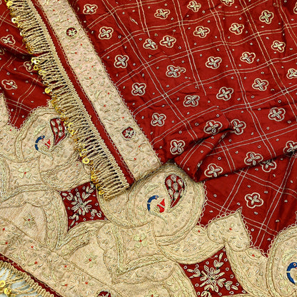 Indian Vintage Heavy Bridal Dupatta maroon Pure Silk Long Stole Hand Embroidered Hijab Scarf Zardozi Peacock Wedding Dupatta Fringes