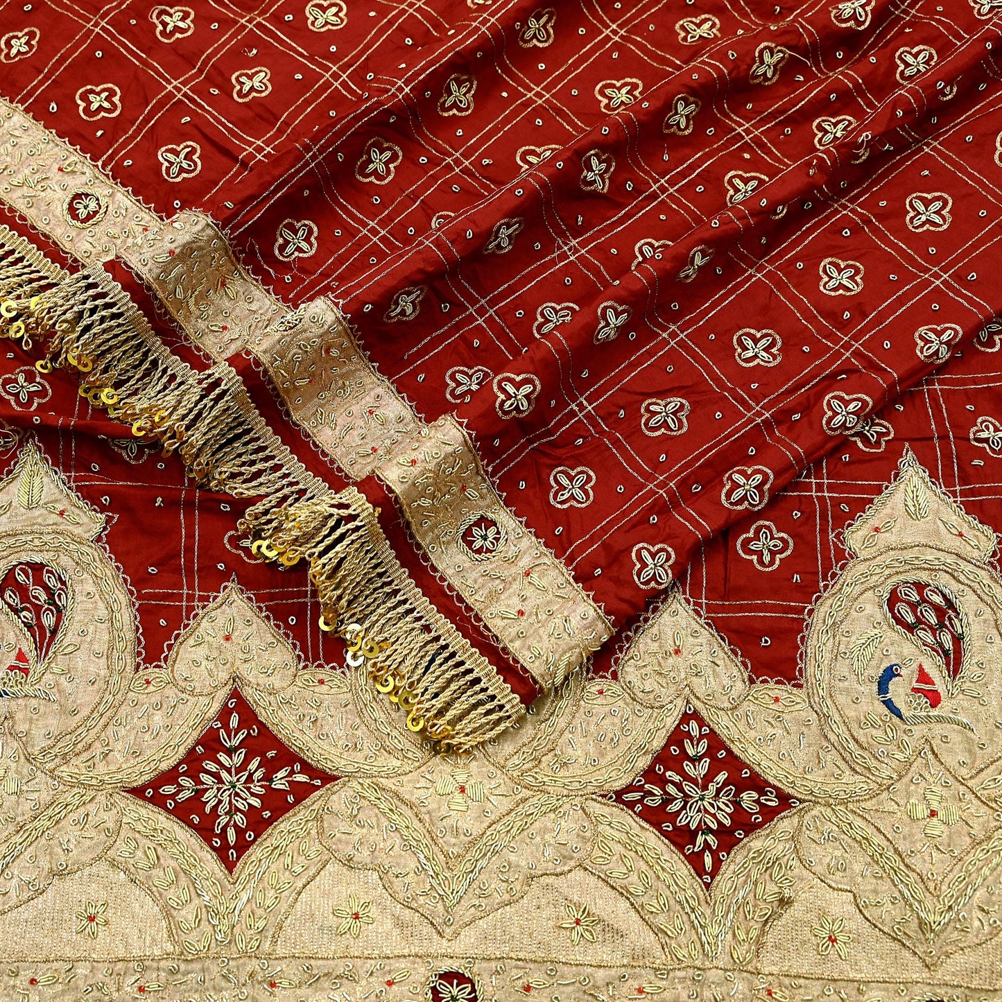 Indian Vintage Heavy Bridal Dupatta maroon Pure Silk Long Stole Hand Embroidered Hijab Scarf Zardozi Peacock Wedding Dupatta Fringes