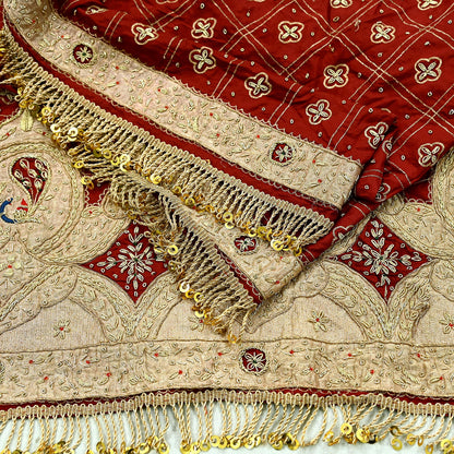 Indian Vintage Heavy Bridal Dupatta maroon Pure Silk Long Stole Hand Embroidered Hijab Scarf Zardozi Peacock Wedding Dupatta Fringes