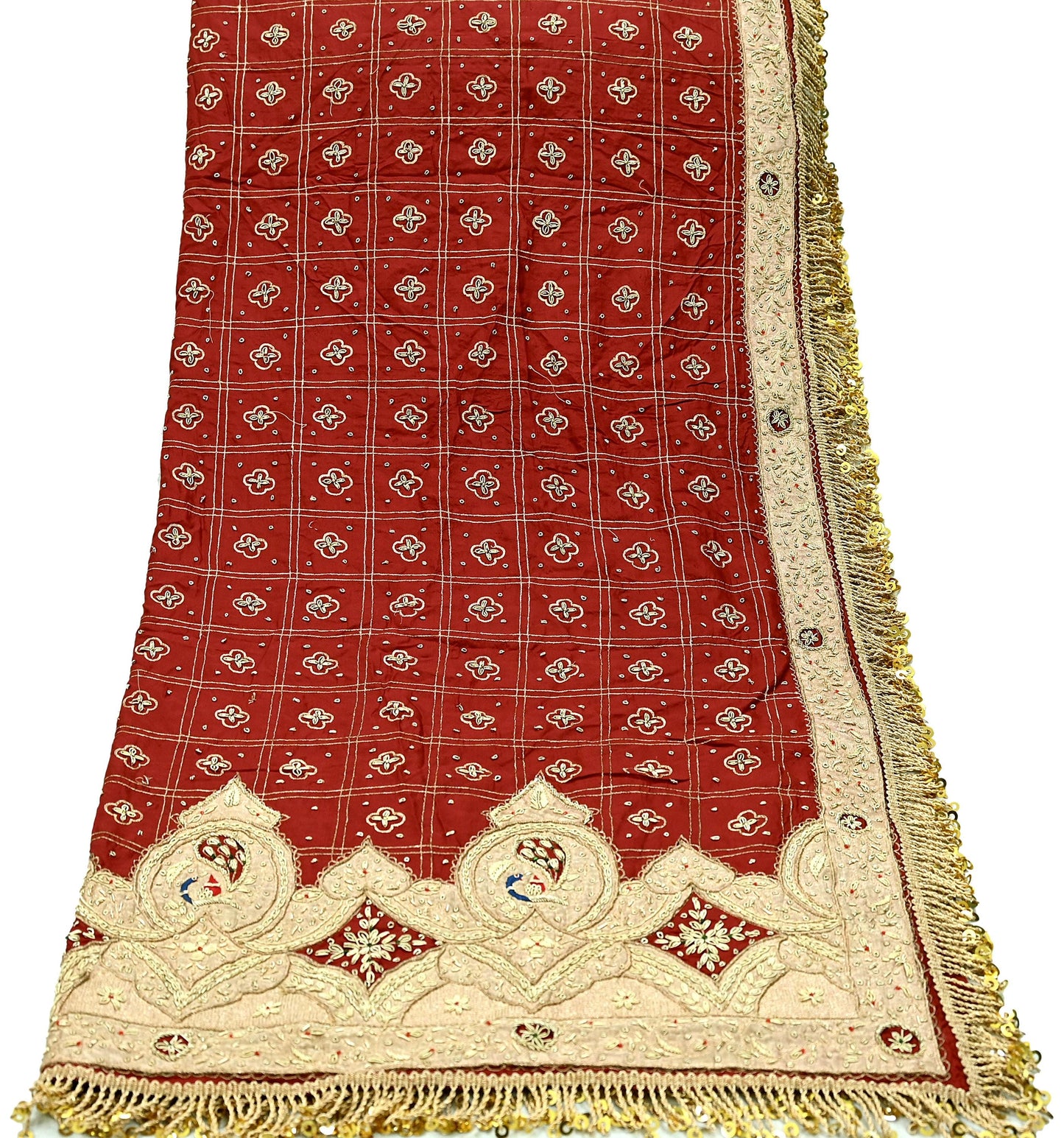Indian Vintage Heavy Bridal Dupatta maroon Pure Silk Long Stole Hand Embroidered Hijab Scarf Zardozi Peacock Wedding Dupatta Fringes