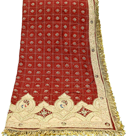 Indian Vintage Heavy Bridal Dupatta maroon Pure Silk Long Stole Hand Embroidered Hijab Scarf Zardozi Peacock Wedding Dupatta Fringes