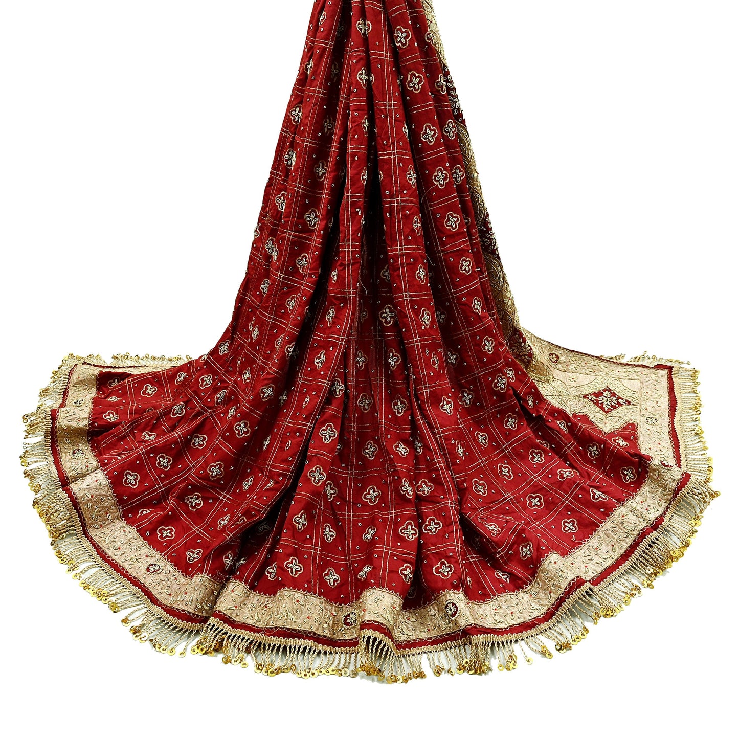 Indian Vintage Heavy Bridal Dupatta maroon Pure Silk Long Stole Hand Embroidered Hijab Scarf Zardozi Peacock Wedding Dupatta Fringes