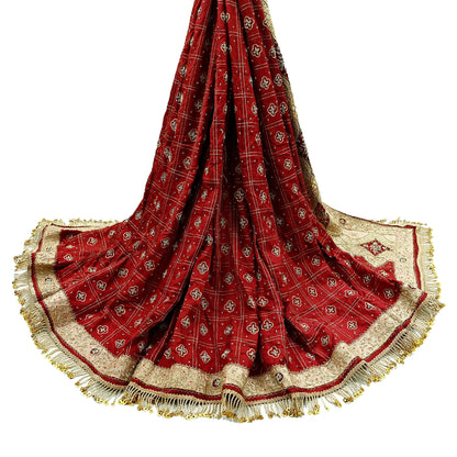 Indian Vintage Heavy Bridal Dupatta maroon Pure Silk Long Stole Hand Embroidered Hijab Scarf Zardozi Peacock Wedding Dupatta Fringes