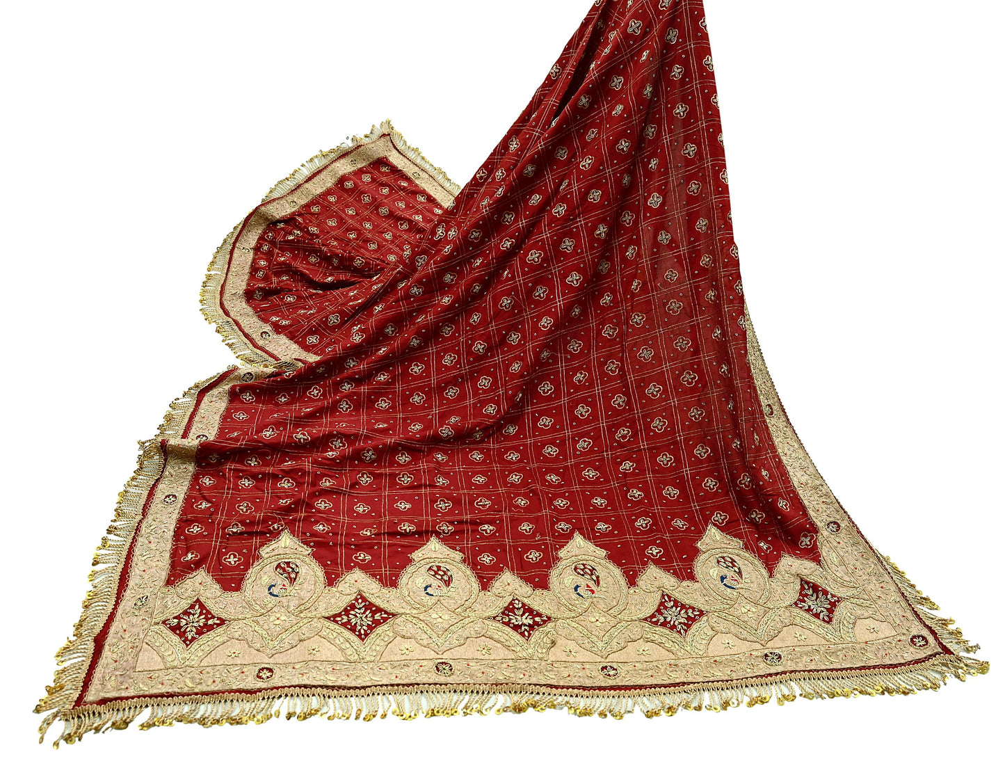 Indian Vintage Heavy Bridal Dupatta maroon Pure Silk Long Stole Hand Embroidered Hijab Scarf Zardozi Peacock Wedding Dupatta Fringes