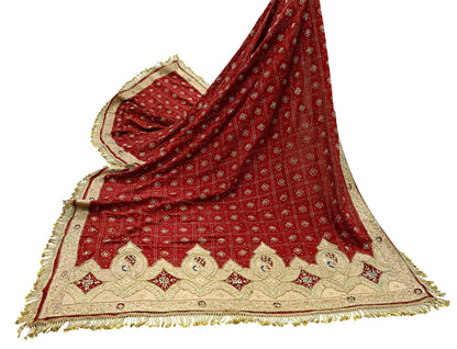 Indian Vintage Heavy Bridal Dupatta maroon Pure Silk Long Stole Hand Embroidered Hijab Scarf Zardozi Peacock Wedding Dupatta Fringes