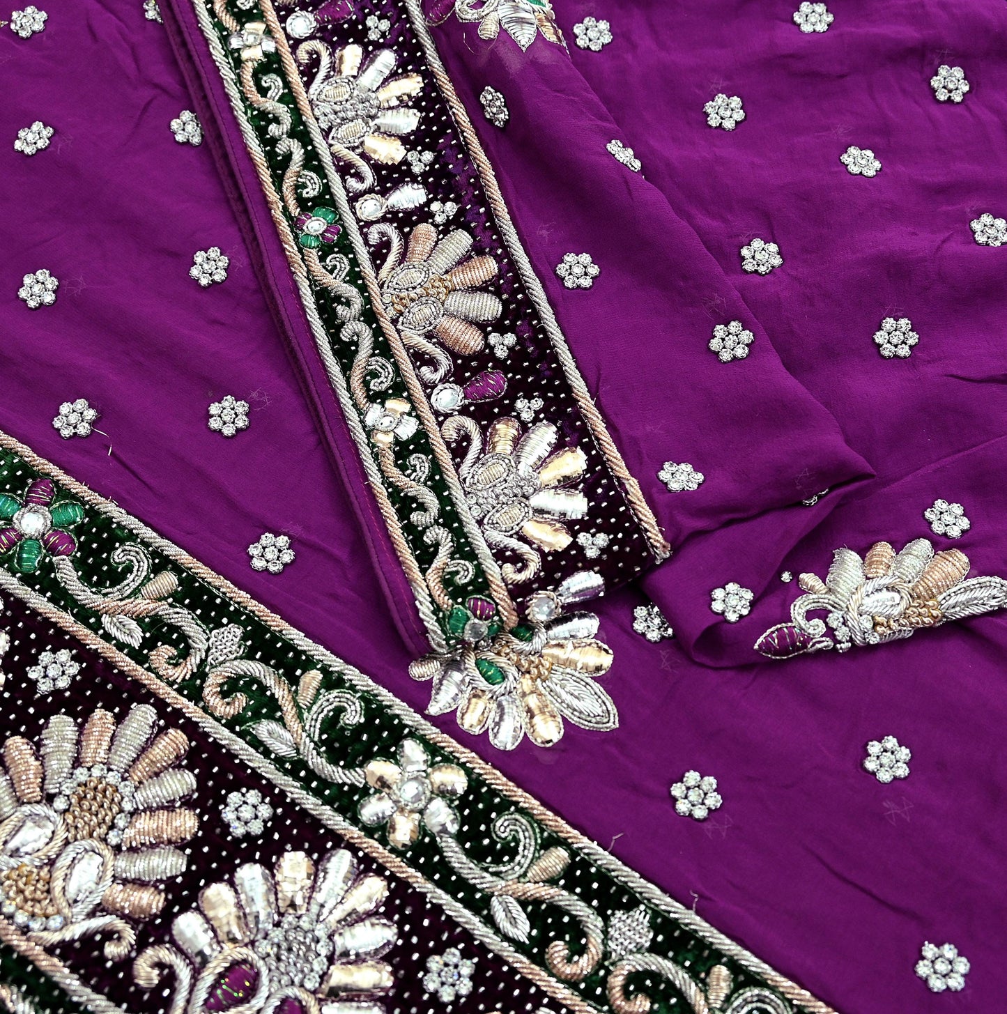 Indian Vintage Heavy Bridal Dupatta Purple Pure Georgette Silk Long Stole Hand Embroidered Scarf Zardozi/Dabka Zari Wedding/Party Dupatta