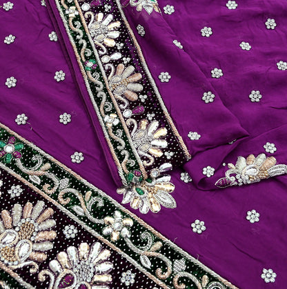 Indian Vintage Heavy Bridal Dupatta Purple Pure Georgette Silk Long Stole Hand Embroidered Scarf Zardozi/Dabka Zari Wedding/Party Dupatta