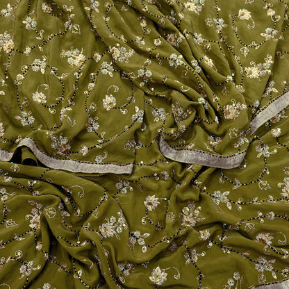 Indian Vintage Heavy Green Dupatta Pure Crepe Silk Long Stole Hand Embroidered Scarves Dabka Zardozi Zari Scarves Wedding/ Bridal Veil