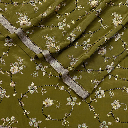 Indian Vintage Heavy Green Dupatta Pure Crepe Silk Long Stole Hand Embroidered Scarves Dabka Zardozi Zari Scarves Wedding/ Bridal Veil