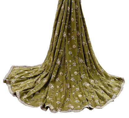 Indian Vintage Heavy Green Dupatta Pure Crepe Silk Long Stole Hand Embroidered Scarves Dabka Zardozi Zari Scarves Wedding/ Bridal Veil