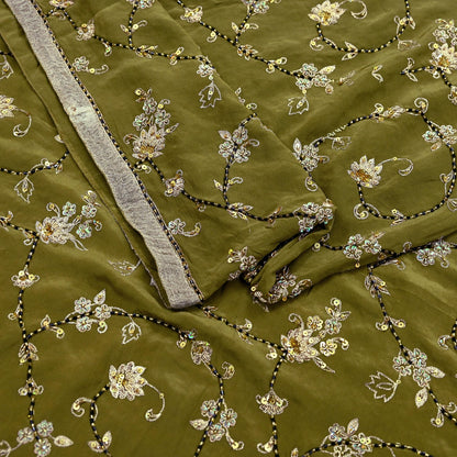Indian Vintage Heavy Green Dupatta Pure Crepe Silk Long Stole Hand Embroidered Scarves Dabka Zardozi Zari Scarves Wedding/ Bridal Veil