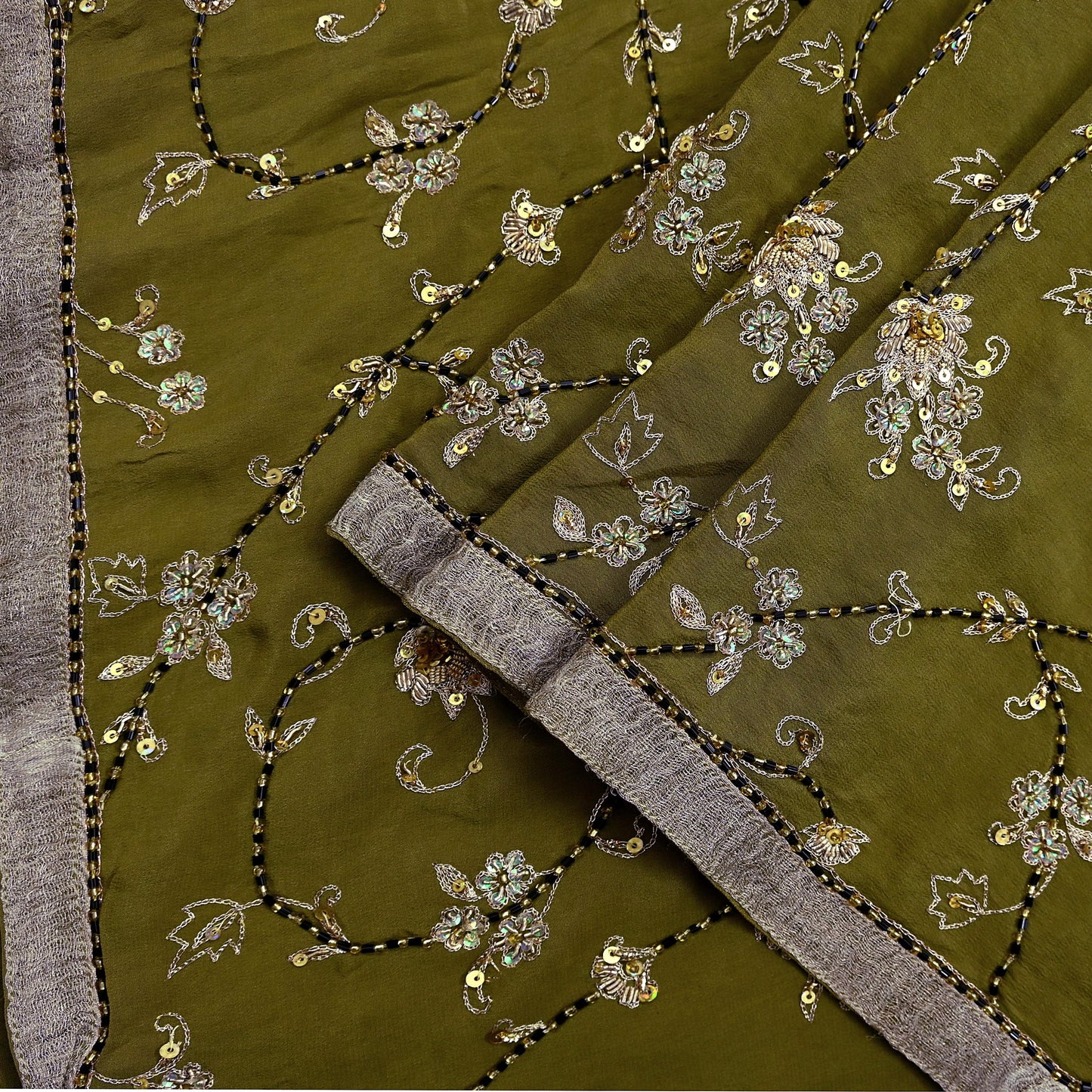 Indian Vintage Heavy Green Dupatta Pure Crepe Silk Long Stole Hand Embroidered Scarves Dabka Zardozi Zari Scarves Wedding/ Bridal Veil