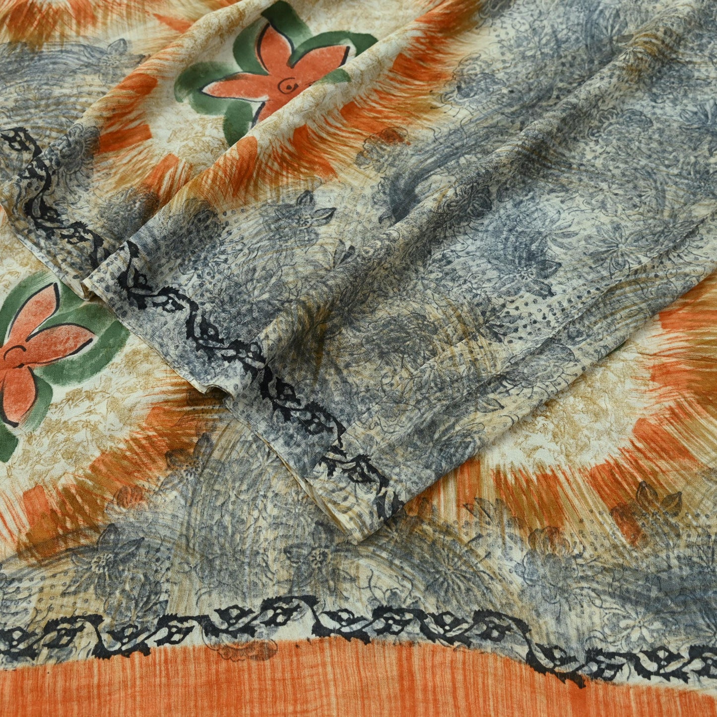 Indian Vintage Sari Orange & Gray Pure Georgette Silk Printed Sarees 5Yd Craft Fabric Sewing Quilting Dress making Crafting Dress Designing