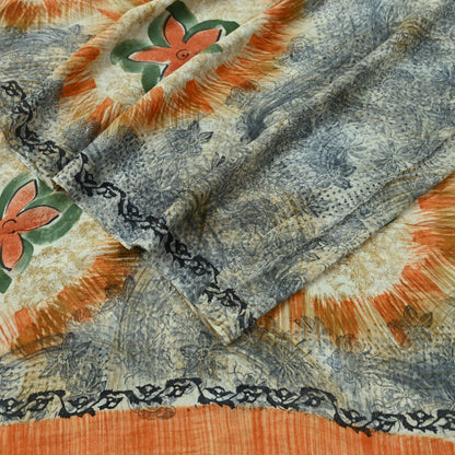 Indian Vintage Sari Orange & Gray Pure Georgette Silk Printed Sarees 5Yd Craft Fabric Sewing Quilting Dress making Crafting Dress Designing