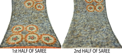Indian Vintage Sari Orange & Gray Pure Georgette Silk Printed Sarees 5Yd Craft Fabric Sewing Quilting Dress making Crafting Dress Designing