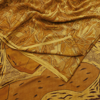 Indian Vintage Sari Saffron 100% Pure Silk Printed Saree 6yd Sewing Craft Fabric Dress Making Soft Wrap Floral Abstract Quilting Crafting