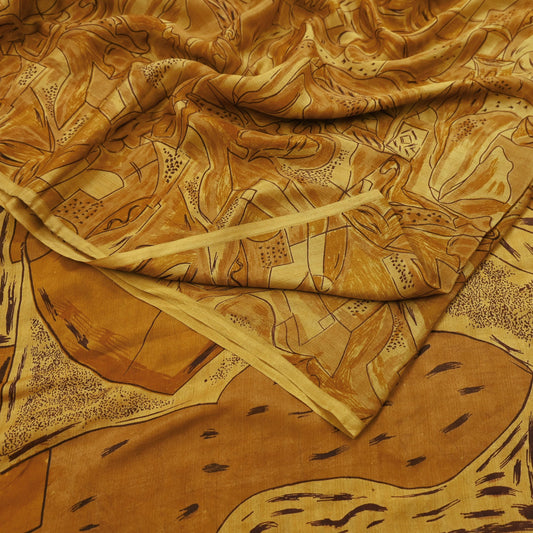 Indian Vintage Sari Saffron 100% Pure Silk Printed Saree 6yd Sewing Craft Fabric Dress Making Soft Wrap Floral Abstract Quilting Crafting