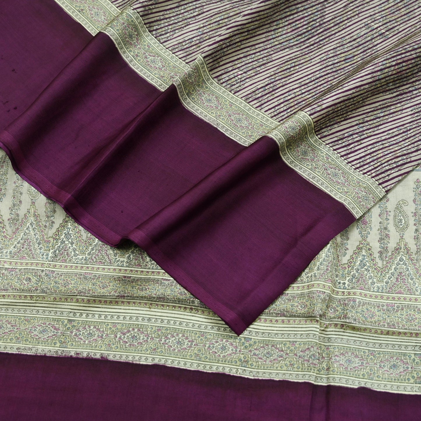 Indian Vintage Purple & Cream Saree 100% Pure Silk Printed Sari Craft Fabric 6yd Sewing Dress Making Soft Stripes Crafting Quilting Upcycle