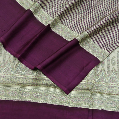 Indian Vintage Purple & Cream Saree 100% Pure Silk Printed Sari Craft Fabric 6yd Sewing Dress Making Soft Stripes Crafting Quilting Upcycle